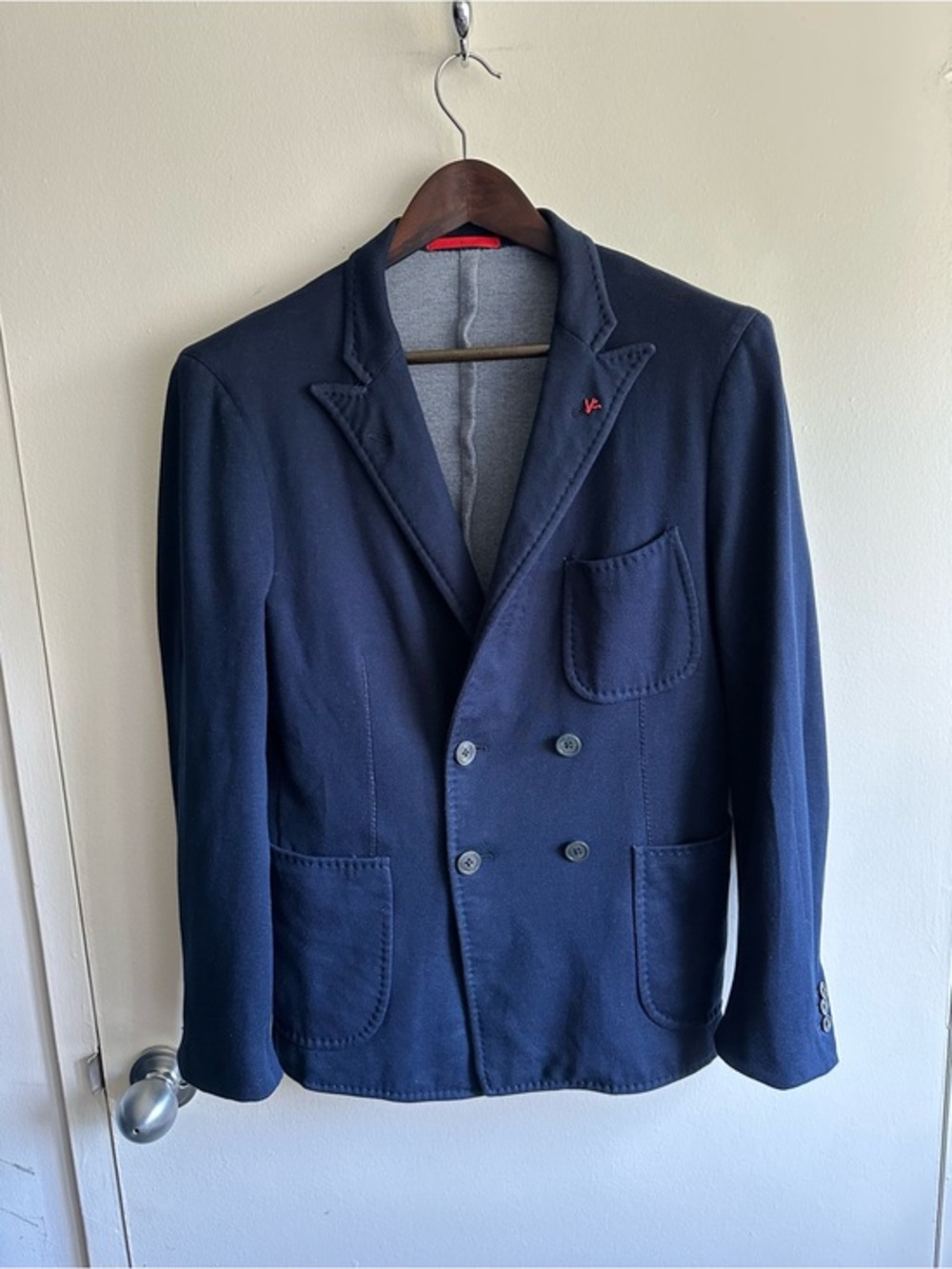 Isaia Navy Blue Double-Breasted Cotton Stretch Cardigan Blazer EU46